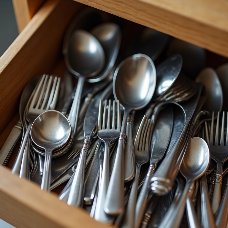 Gaveta de talheres desorganizada com utensílios misturados.