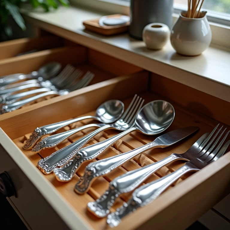 Gaveta de talheres impecável com utensílios polidos e etiquetas nas divisórias.