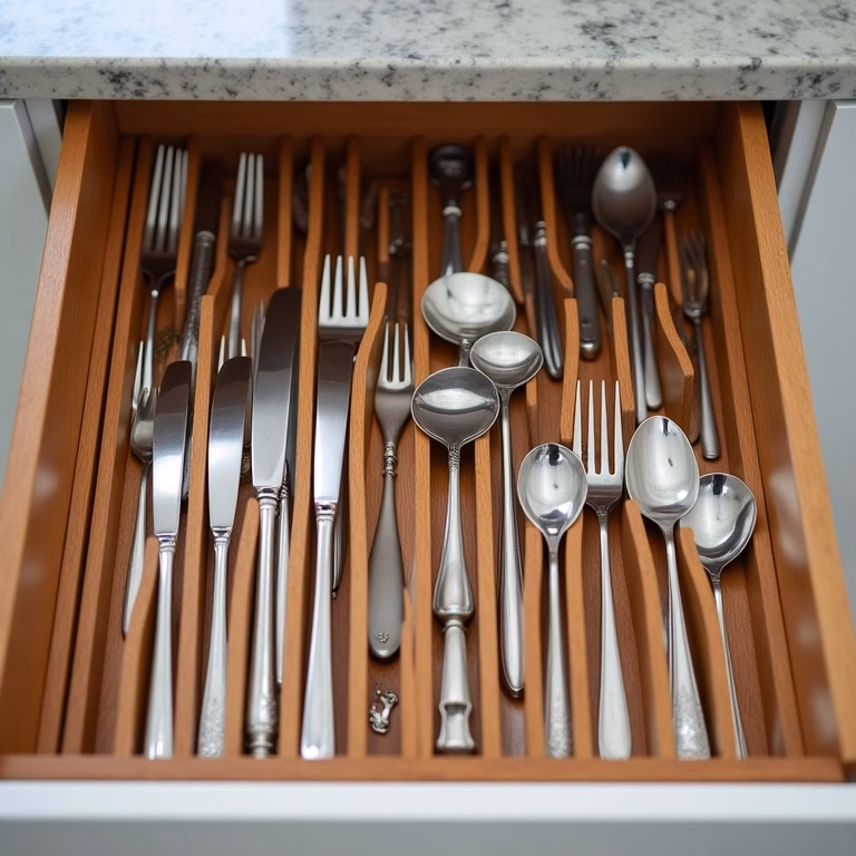 Gaveta de talheres organizada com divisórias de madeira em cozinha estilo Farm Rio.