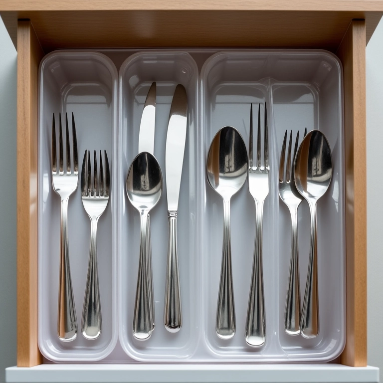 Gaveta de talheres organizada com divisórias de plástico transparente.
