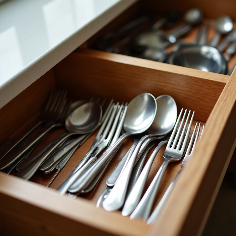 Gaveta de talheres sem divisórias com utensílios organizados de forma criativa.