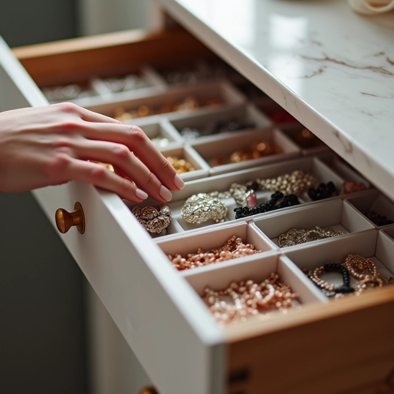Gaveta do quarto organizada com caixas divisórias para joias e acessórios.