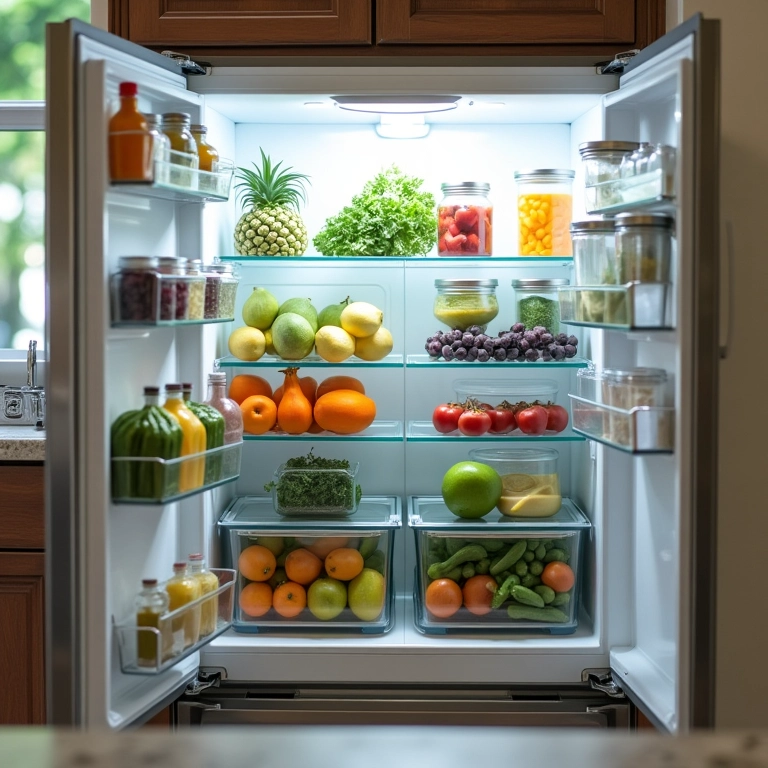 Geladeira organizada com alimentos frescos em potes para evitar o desperdício.