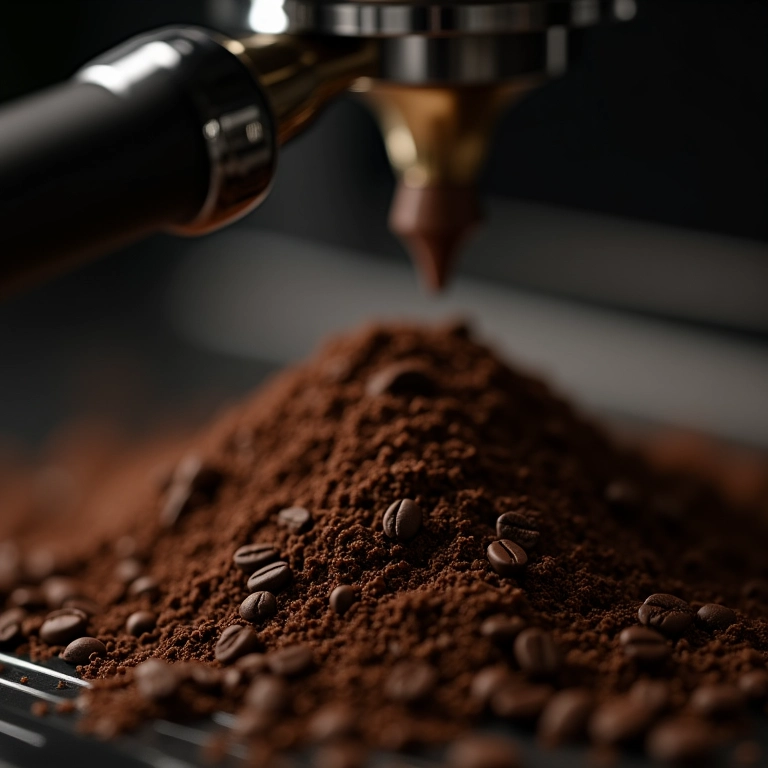 Grãos de café moídos finamente ao lado de uma cafeteira expresso.