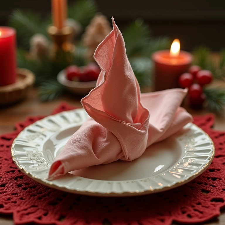 Guardanapos criativos em uma mesa de Natal, adicionando charme.