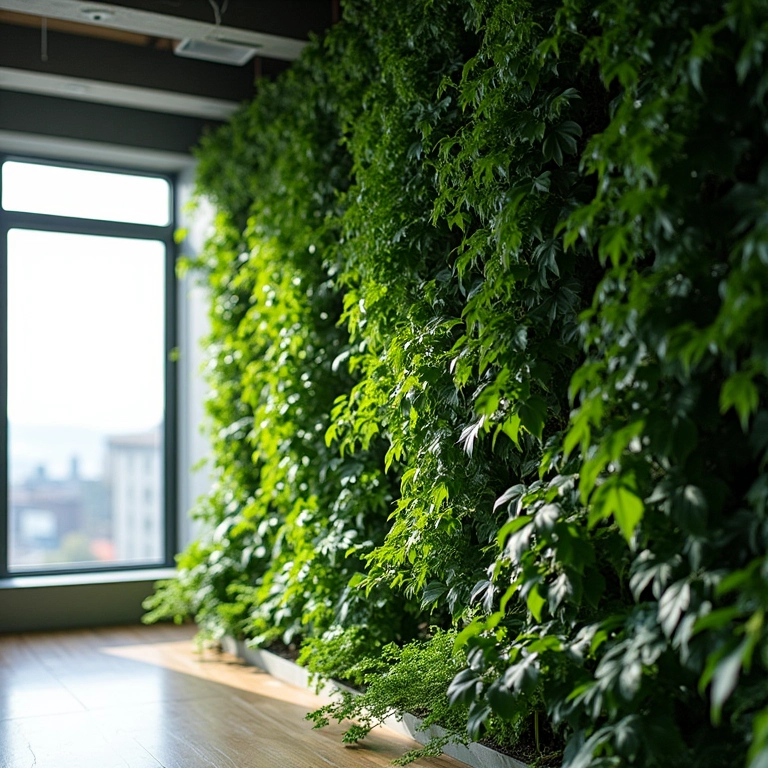 Hera crescendo em jardim vertical em escritório moderno.