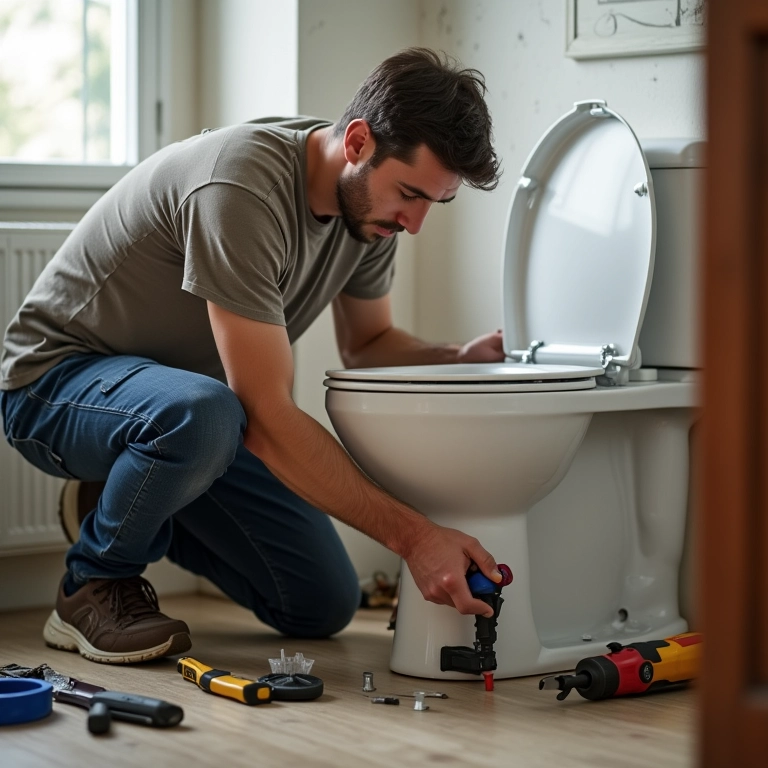Homem inspecionando a base do vaso sanitário em busca de vazamento.