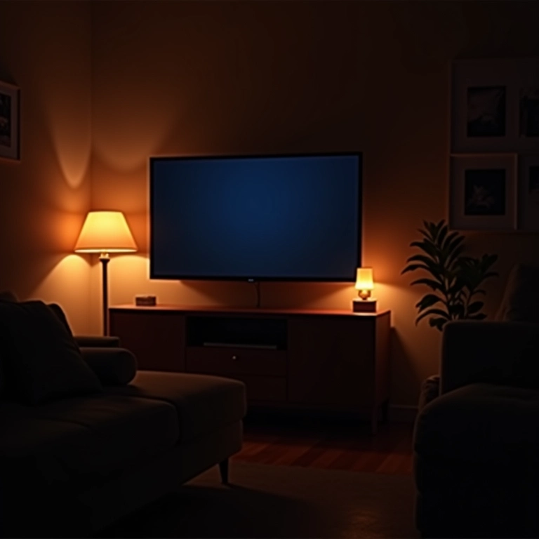 Iluminação aconchegante criando clima de cinema em sala de TV.