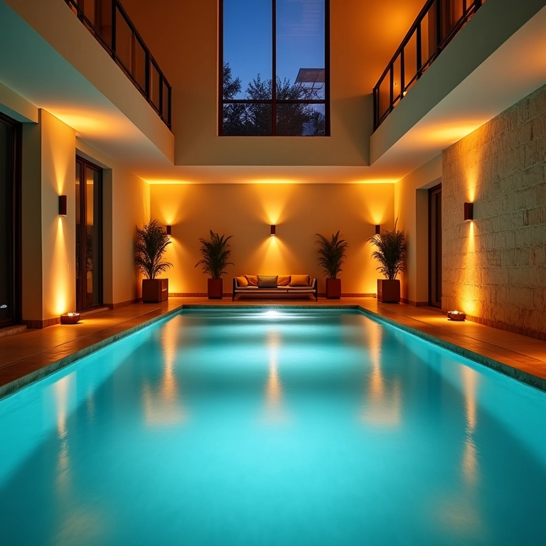 Iluminação aconchegante em piscina coberta cria ambiente relaxante.
