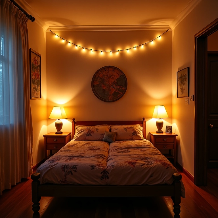 Iluminação aconchegante em quarto de adolescente com decoração brasileira.