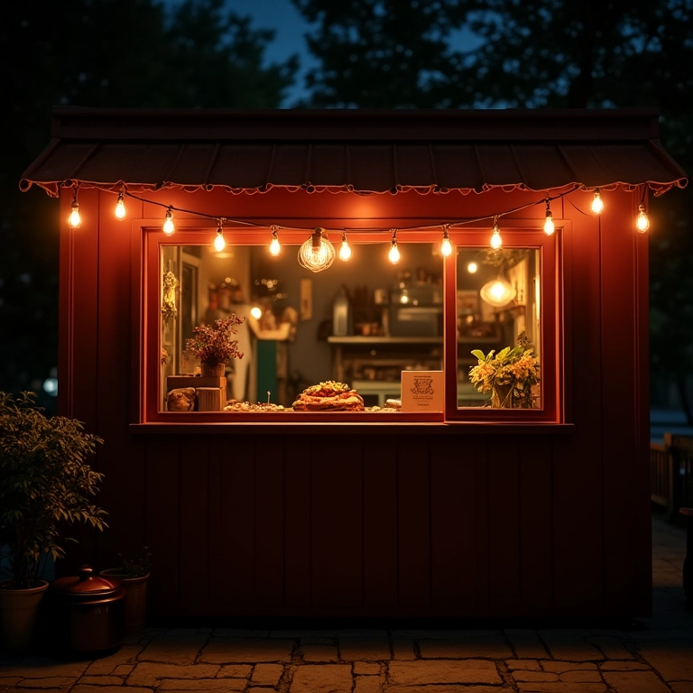 Iluminação aconchegante em quiosque com luzes e lanternas.
