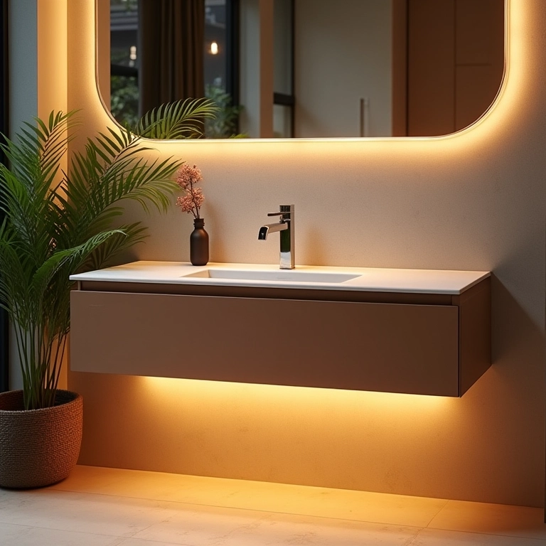 Iluminação especial no gabinete de banheiro.