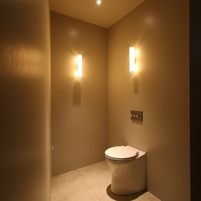 Iluminação estratégica em lavabo sob escada.