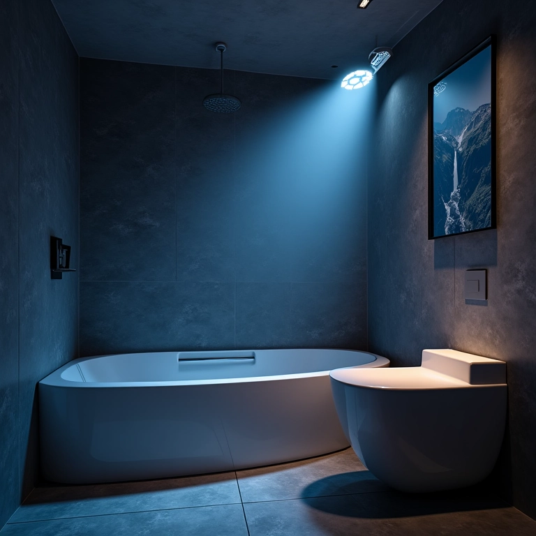 Iluminação estratégica realçando o tema de corrida no banheiro.