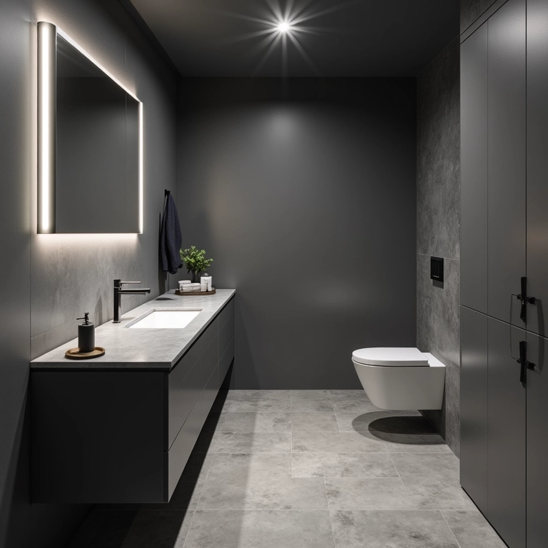 Iluminação estratégica valorizando o cinza no banheiro.