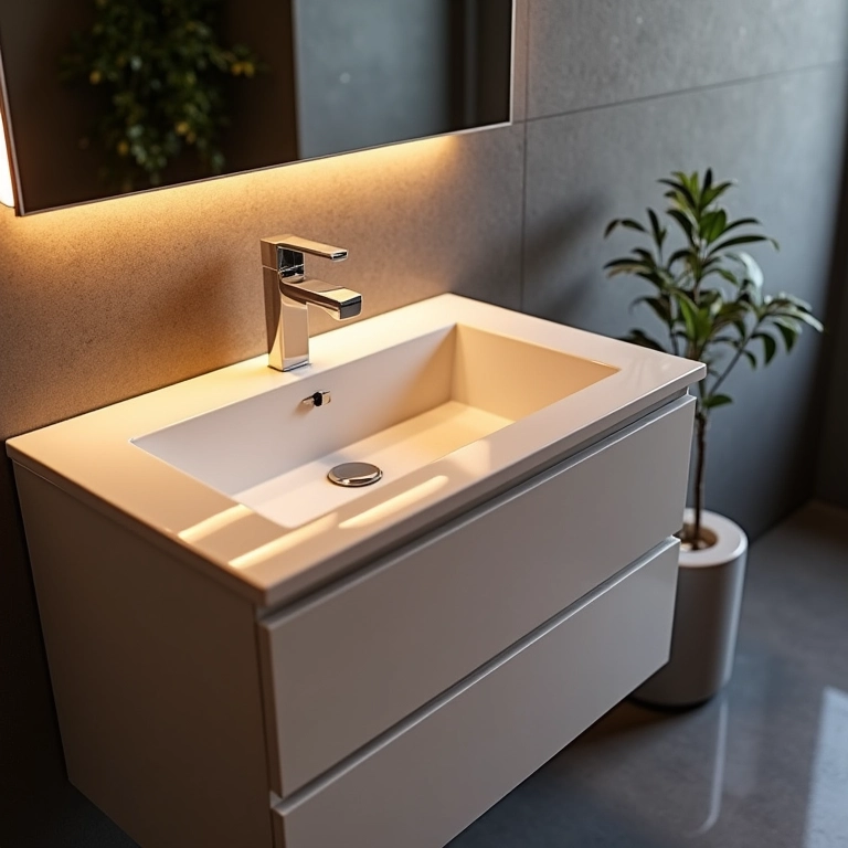 Iluminação integrada em gabinete de banheiro de 60cm.