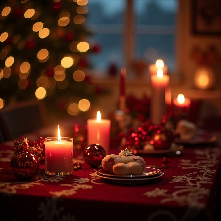 Iluminação suave em uma mesa de Natal, criando uma atmosfera mágica.