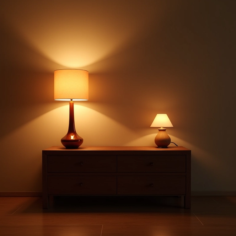 Iluminação valorizando uma mesa de centro com gavetas.