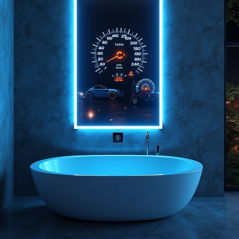 Iluminação vibrante e decoração temática automotiva.