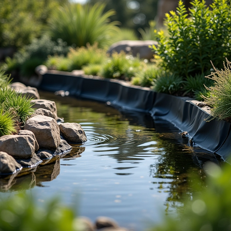Impermeabilização de um tanque de peixes com lona de borracha preta, instalada cuidadosamente.