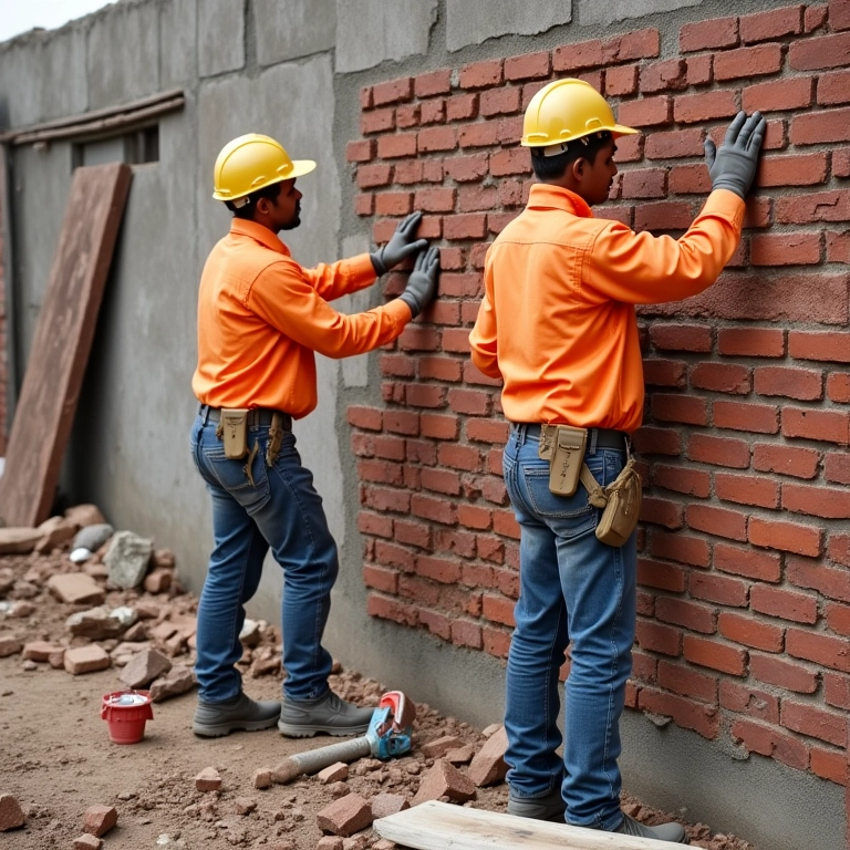 Instalação de cobogós em parede de tijolos.