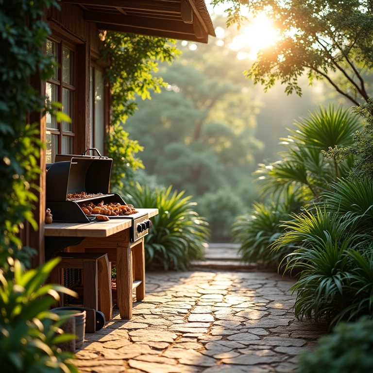 Integração da área de churrasco com a natureza e paisagismo exuberante.