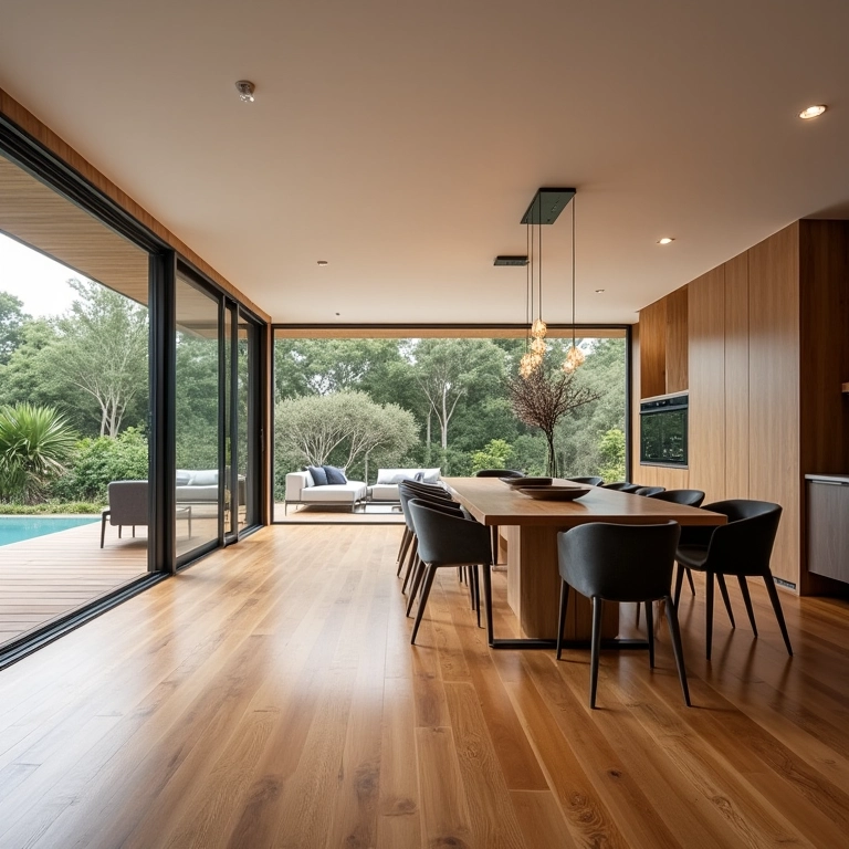 Integração de sala de estar e jantar em um ambiente amplo e iluminado.