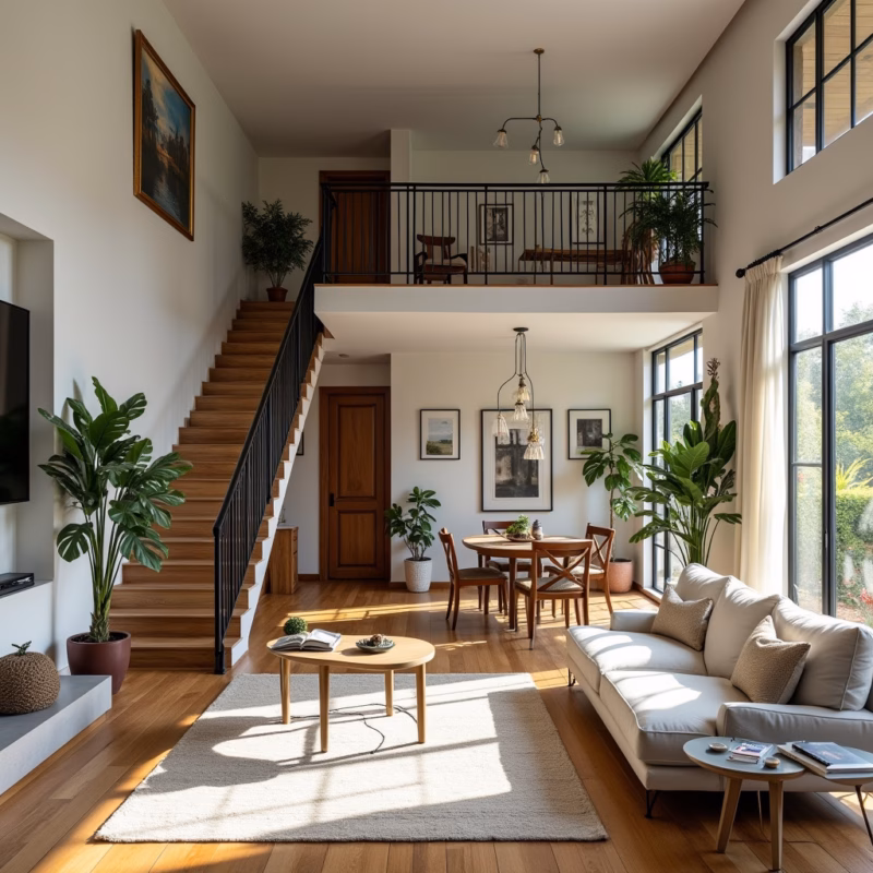 Integrated living room with iron staircase as divider, open concept, plants, bright, Brazilian Escada de ferro como divisória de ambientes.