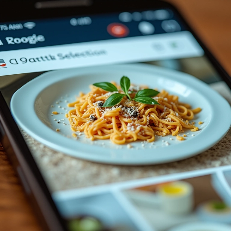 Interface de loja online exibindo pratos de massa, barra de pesquisa e carrinho de compras.