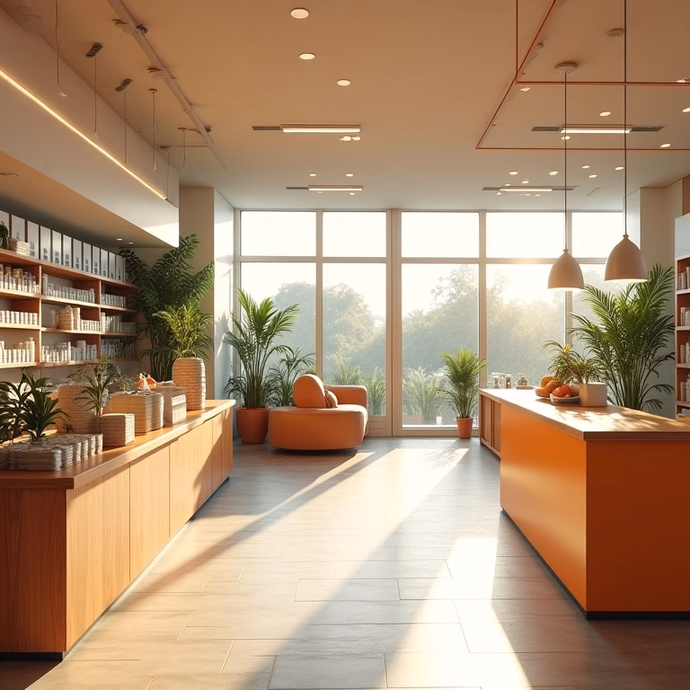 Interior de farmácia moderna e convidativa com design brasileiro.