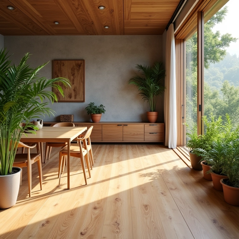 Interior ecológico com piso de bambu e móveis sustentáveis.
