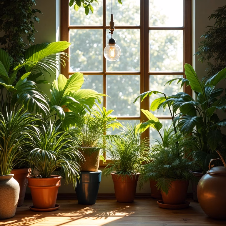 Jardim de inverno exuberante com plantas resistentes em ambiente aconchegante.