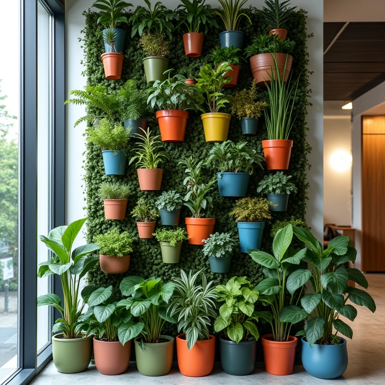 Jardim vertical com vasos coloridos em ambiente de escritório.