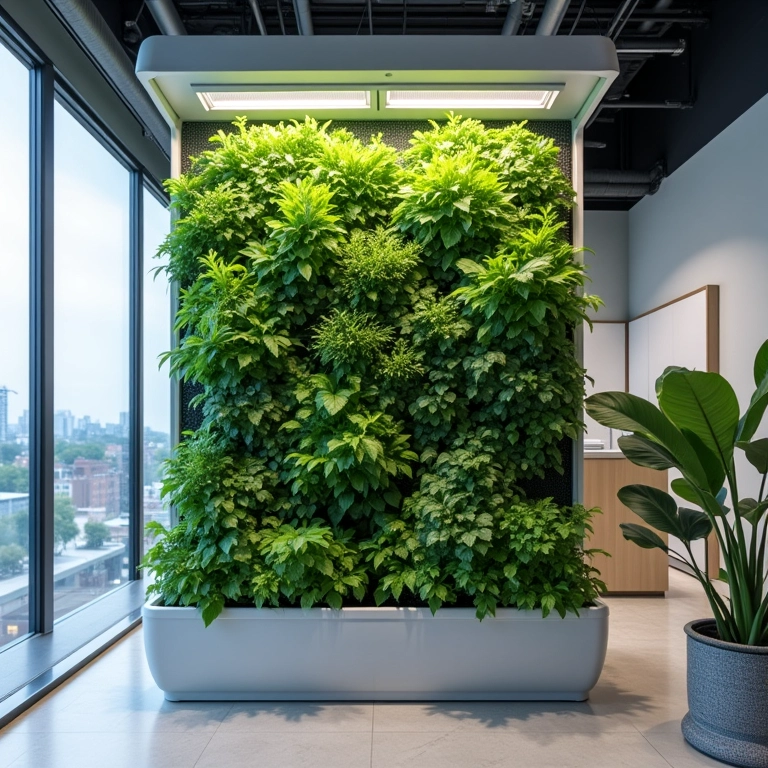 Jardim vertical hidropônico em escritório moderno com sistema de irrigação.