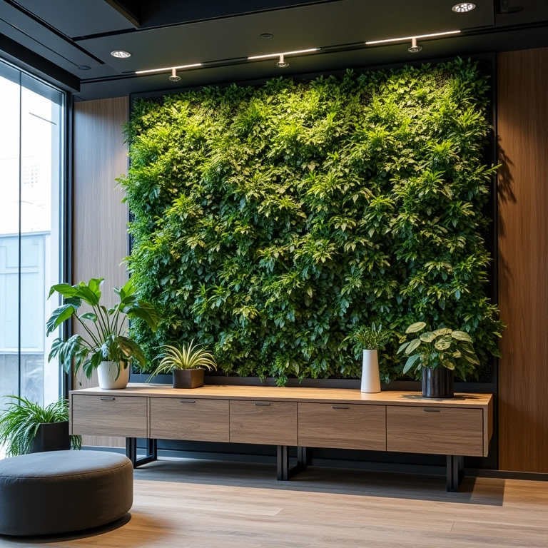 Jardim vertical proporcionando isolamento acústico em escritório moderno.