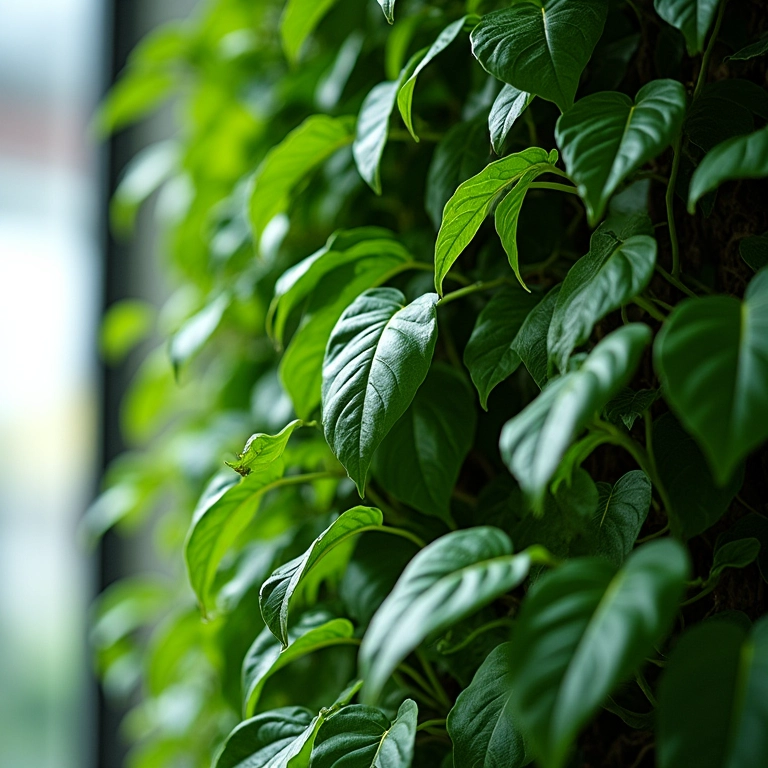 Jiboia crescendo em jardim vertical, decoração verde.