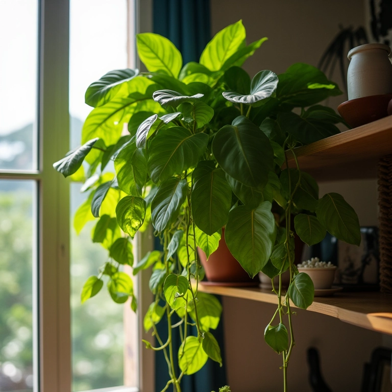 Jiboia, versatilidade e folhagem exuberante, cascata de prateleira.