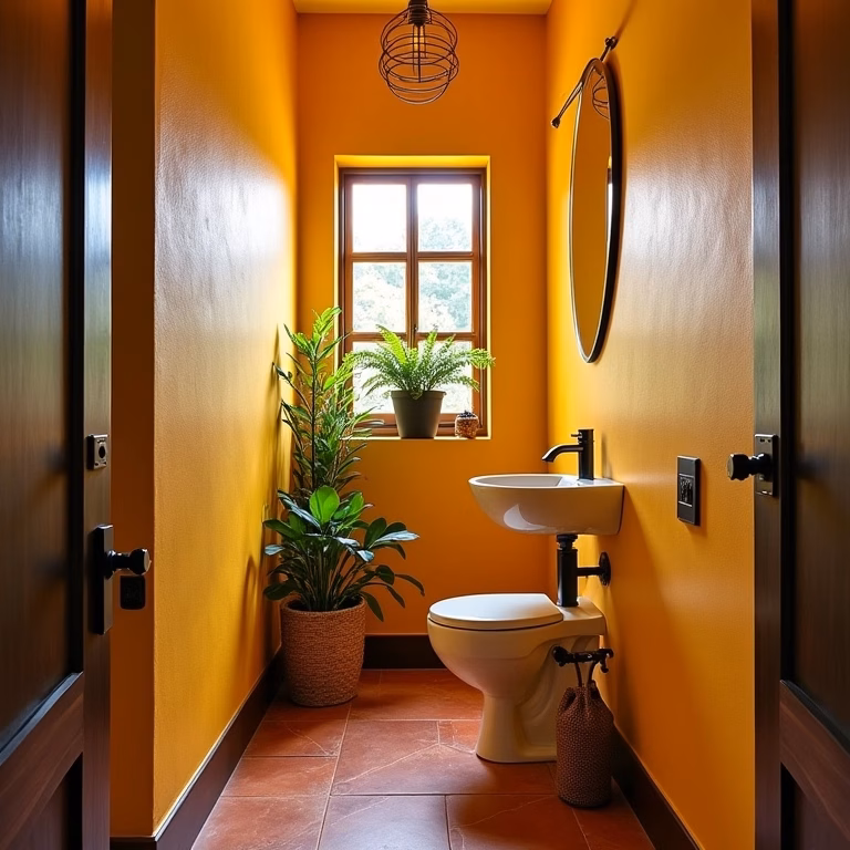 Lavabo charmoso embaixo da escada com design brasileiro vibrante.