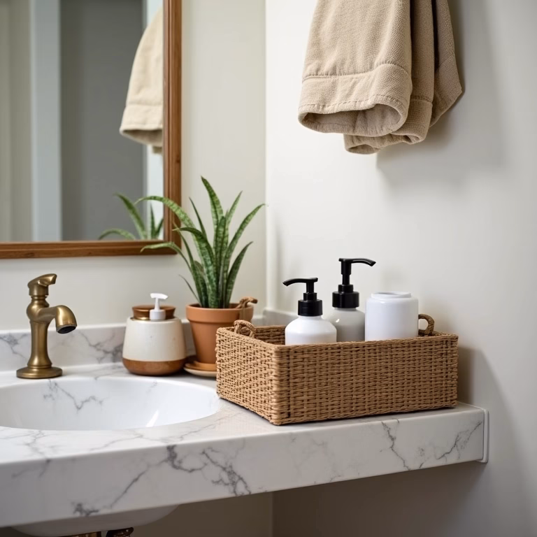 Lavabo pequeno organizado com cestas e bandejas decorativas.