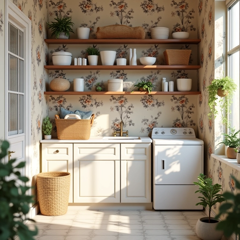 Lavanderia aconchegante com papel de parede floral e prateleiras organizadas.