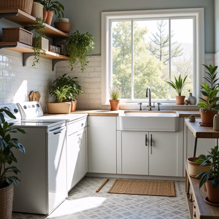 Lavanderia bem iluminada com diversos revestimentos estilosos, luz natural e plantas.