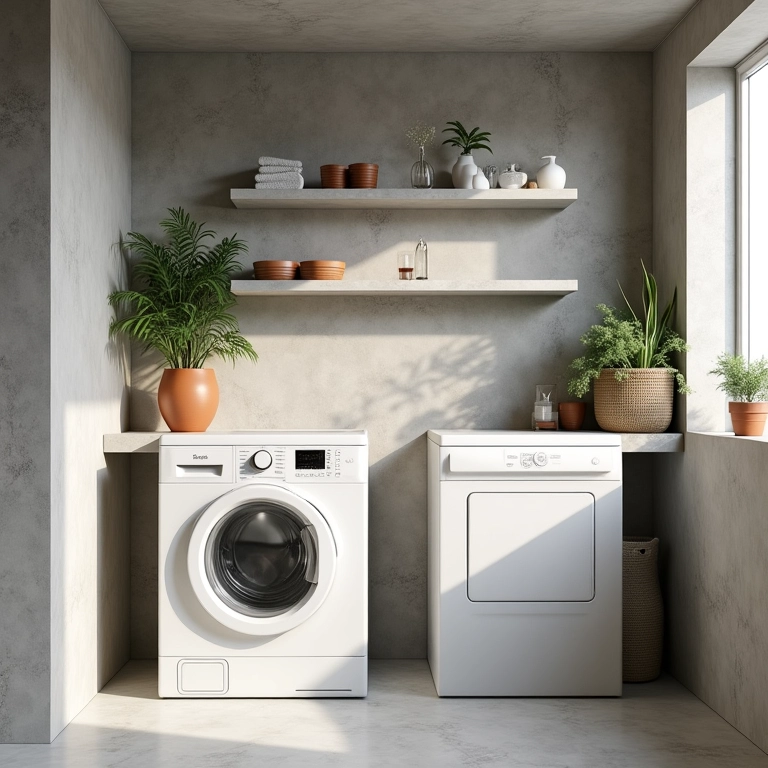 Lavanderia com paredes de cimento queimado e decoração minimalista.
