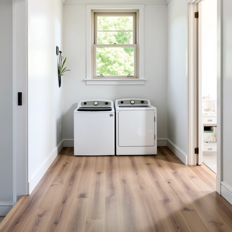 Lavanderia simples com cerâmica que imita madeira.