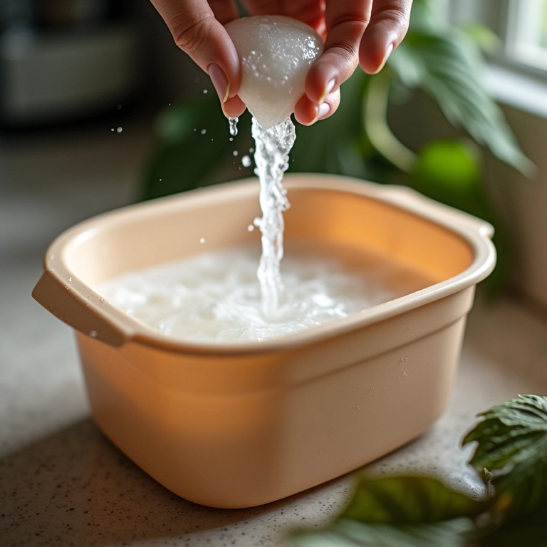 Lavando potes de plástico para evitar manchas.