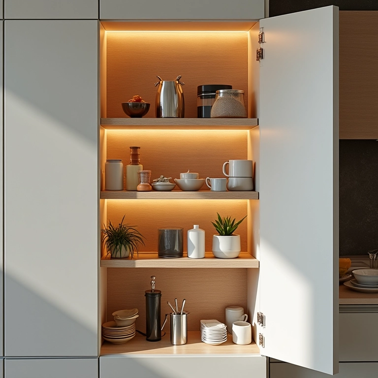 Layout definido dentro do armário de cozinha para melhor organização.