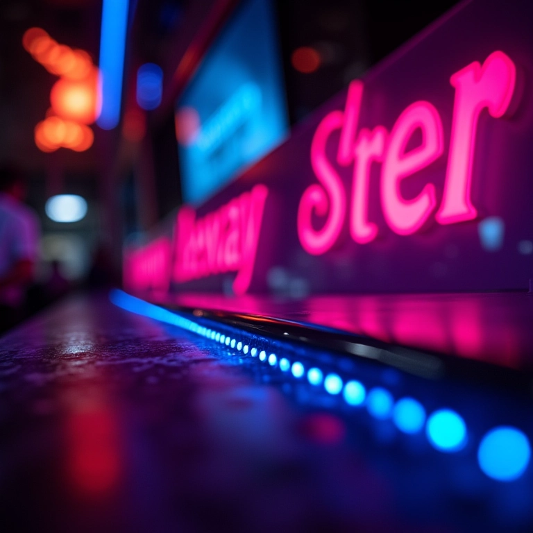 Letreiros de neon vibrantes e iluminação LED moderna em boate.