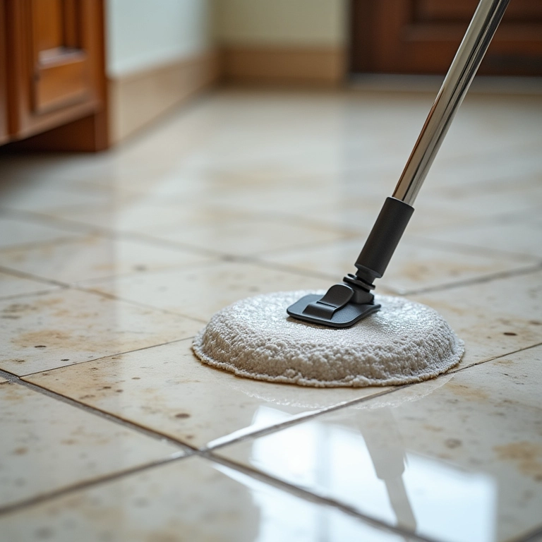 Limpador de Porcelanato LP da Duratto sendo usado em um piso muito sujo, com comparação antes e depois da limpeza.