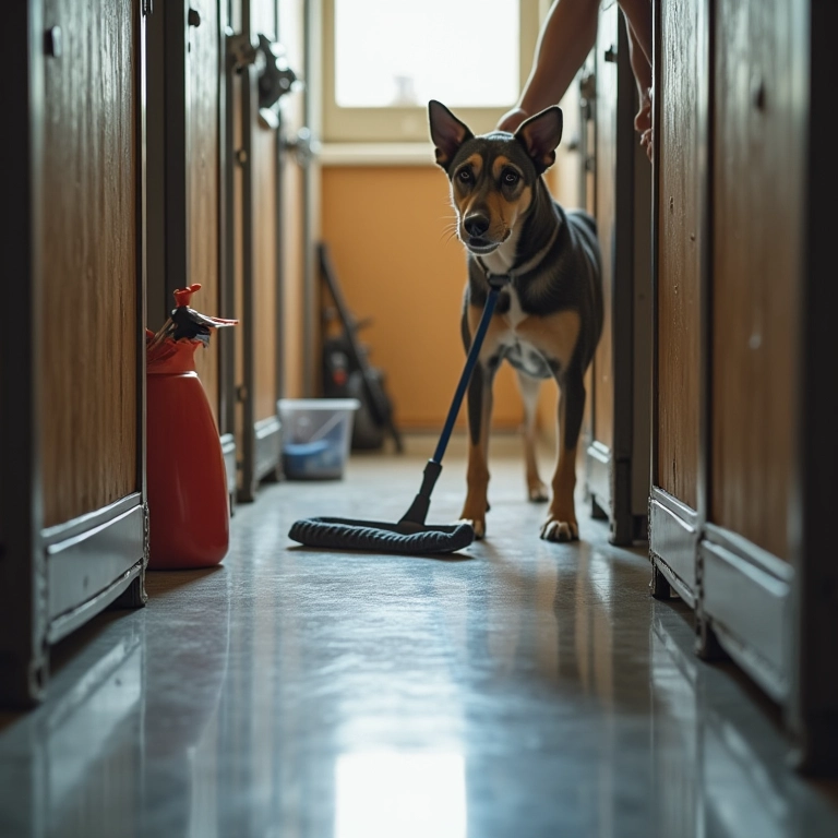 Limpeza correta do piso do canil para higiene.