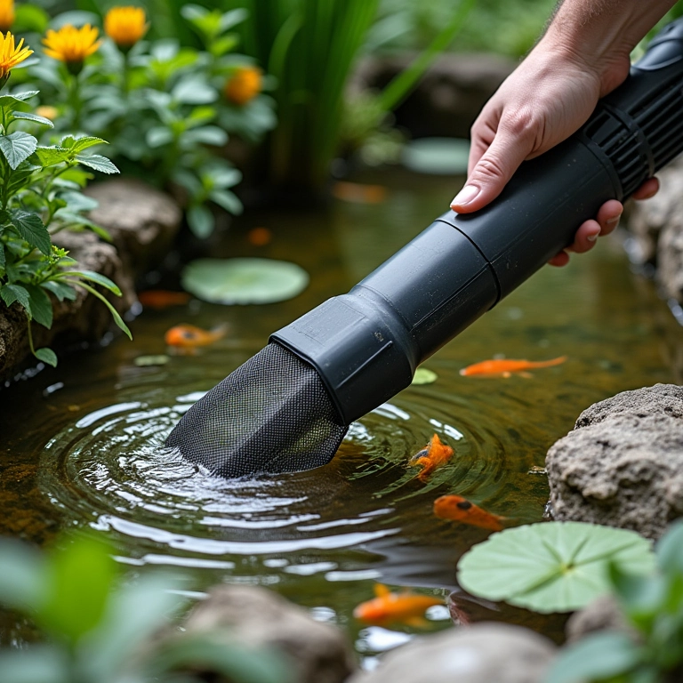 Limpeza de um tanque de peixes com rede e aspirador, removendo algas e detritos.