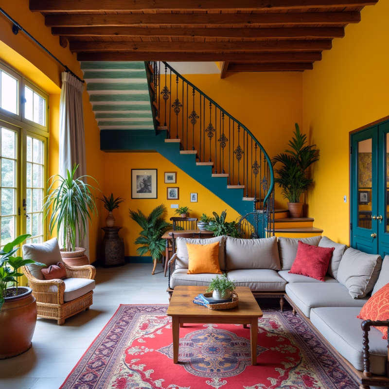 Living room with colorful iron staircase, vibrant colors, joyful decor, Brazilian style, natural Escada de ferro colorida na sala.